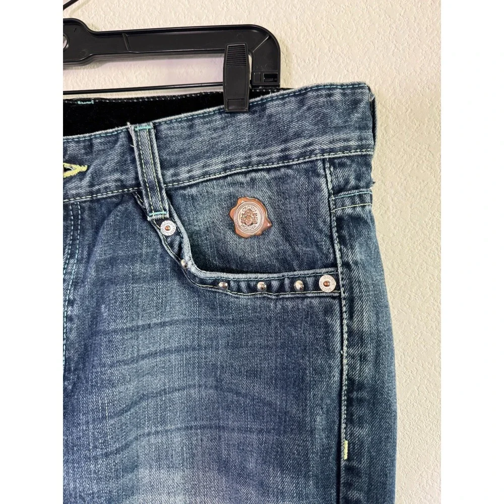 Crown Holder Straight Jeans Men 34 Blue Denim Cotton Beaded Embroidered Mid Rise